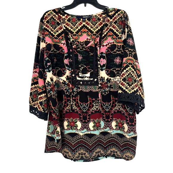Denim 24/7 Boho Gauzy Crepe Tunic Top Back Pink Mixed Pattern Crochet 16W - Picture 1 of 11